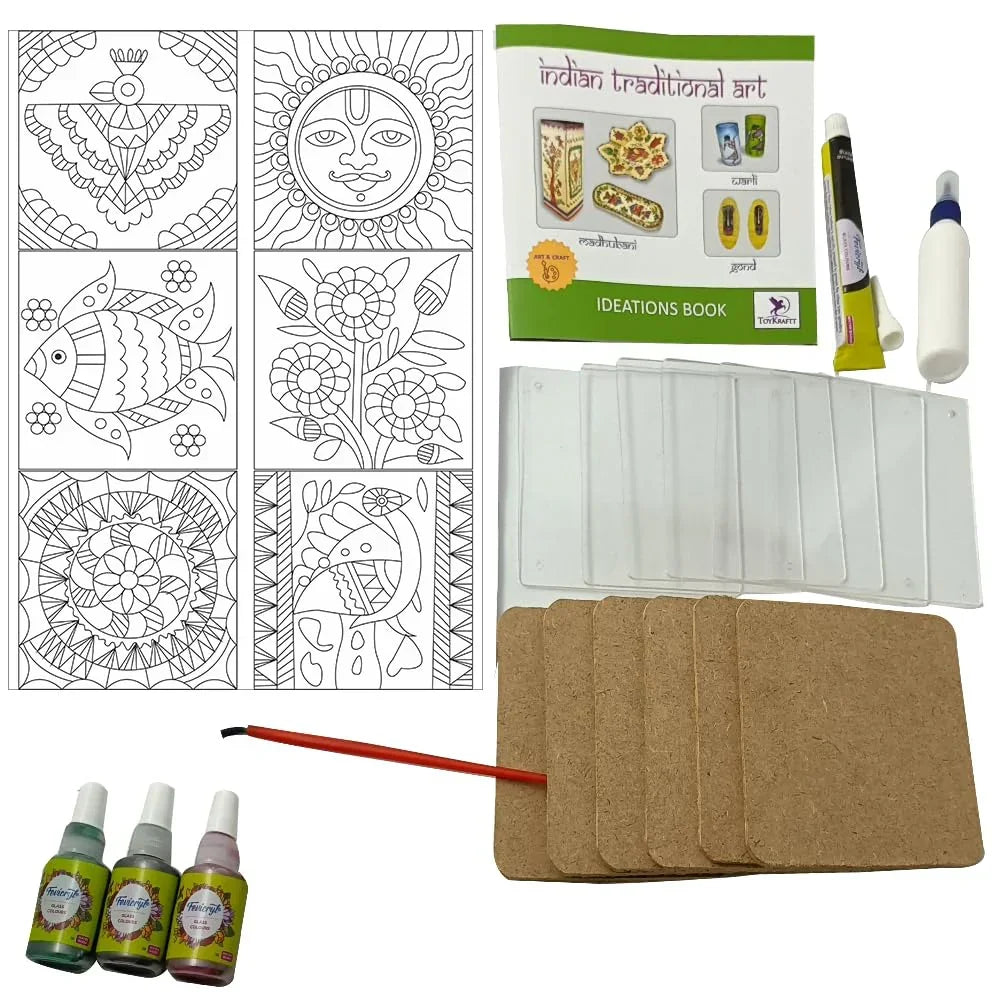 Toykraftt Madhubani Coaster Kit for Kids Age 8+ | Traditional Glass Painting Craft Set - Naivri