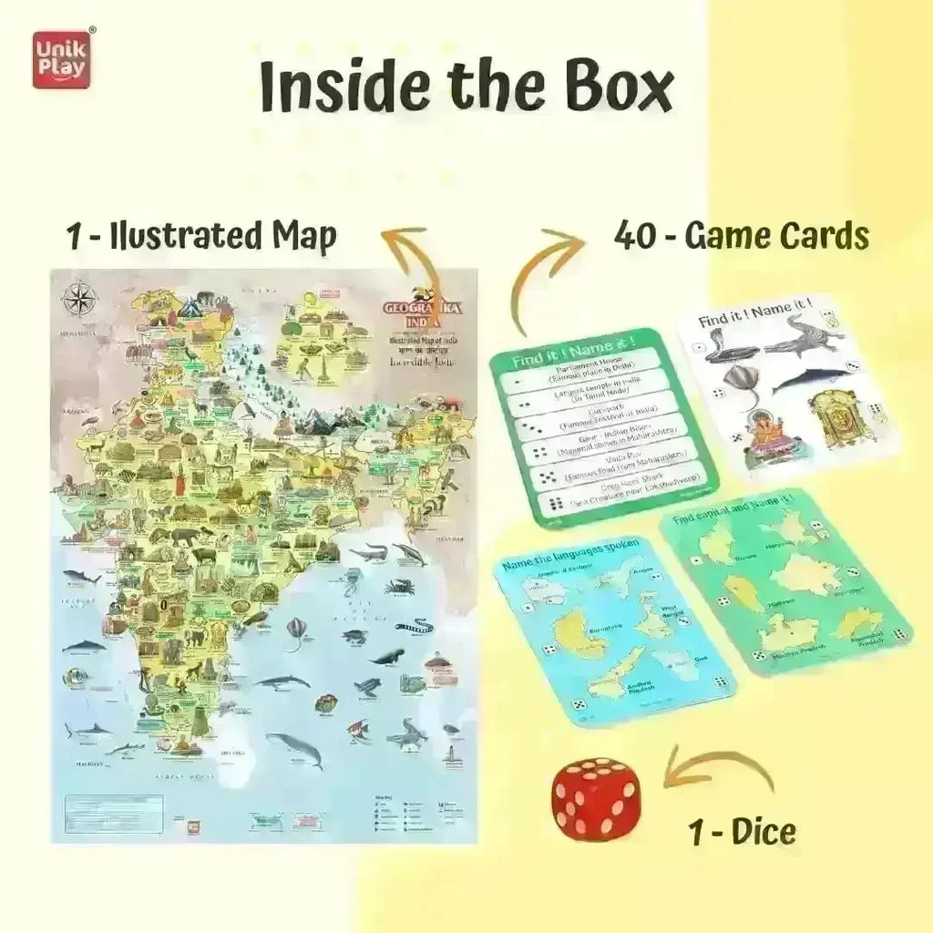 Unik Play Geografika India Map Game for Kids Age 6+ | Educational Board Game with 40 Cards & Jumbo Map | Learn Indian States, Cities & Fun Facts | Geography Learning Kit - Naivri