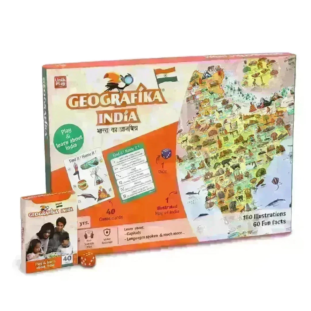 Unik Play Geografika India Map Game for Kids Age 6+ | Educational Board Game with 40 Cards & Jumbo Map | Learn Indian States, Cities & Fun Facts | Geography Learning Kit - Naivri