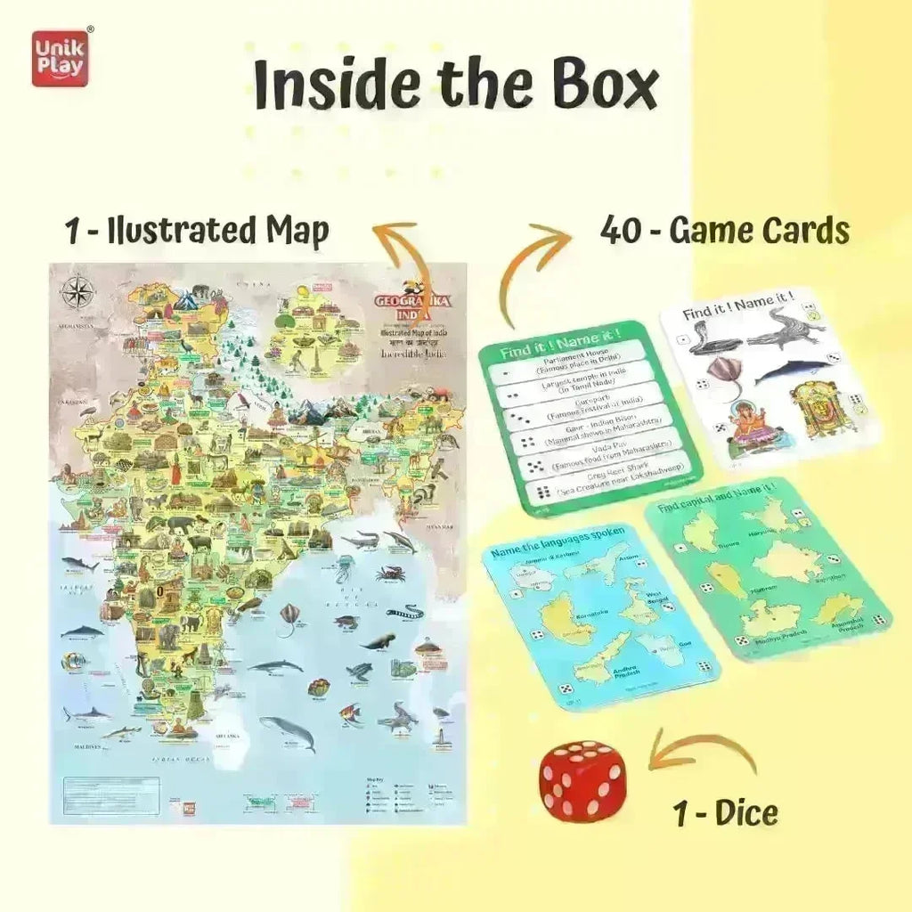 Unik Play Geografika India Map Game for Kids Age 6+ | Educational Board Game with 40 Cards & Jumbo Map | Learn Indian States, Cities & Fun Facts | Geography Learning Kit - Naivri