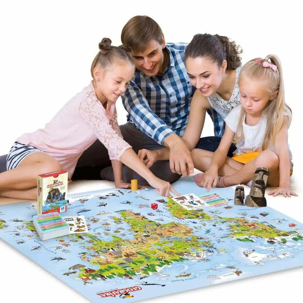 Unik Play Geografika World Map Game for Kids Age 6+ | Illustrated Map, 40 Double-Sided Game Cards | Educational Geography Board Game | Learn Countries, Landmarks & Fun Facts - Naivri