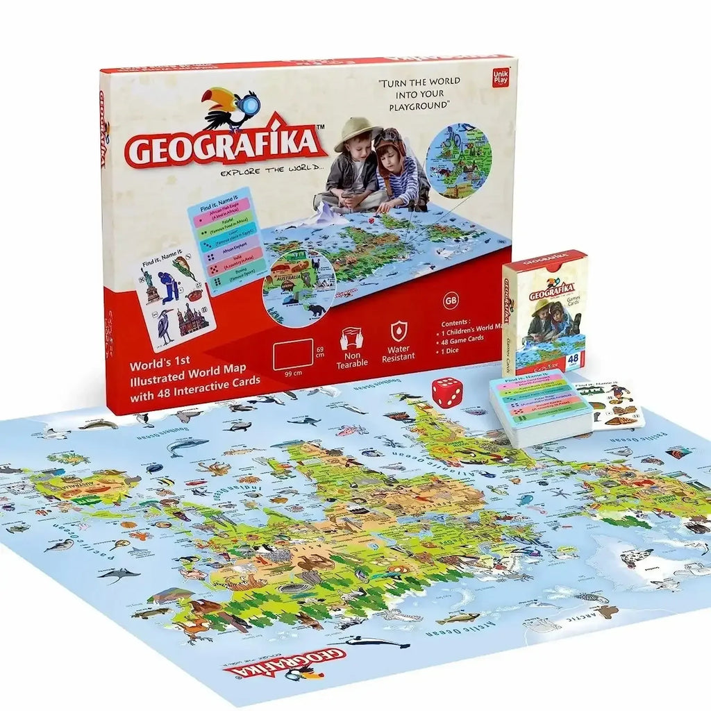 Unik Play Geografika World Map Game for Kids Age 6+ | Illustrated Map, 40 Double-Sided Game Cards | Educational Geography Board Game | Learn Countries, Landmarks & Fun Facts - Naivri