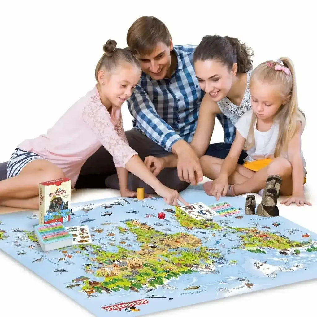 Unik Play Geografika World Map Game for Kids Age 6+ | Illustrated Map, 40 Double-Sided Game Cards | Educational Geography Board Game | Learn Countries, Landmarks & Fun Facts - Naivri