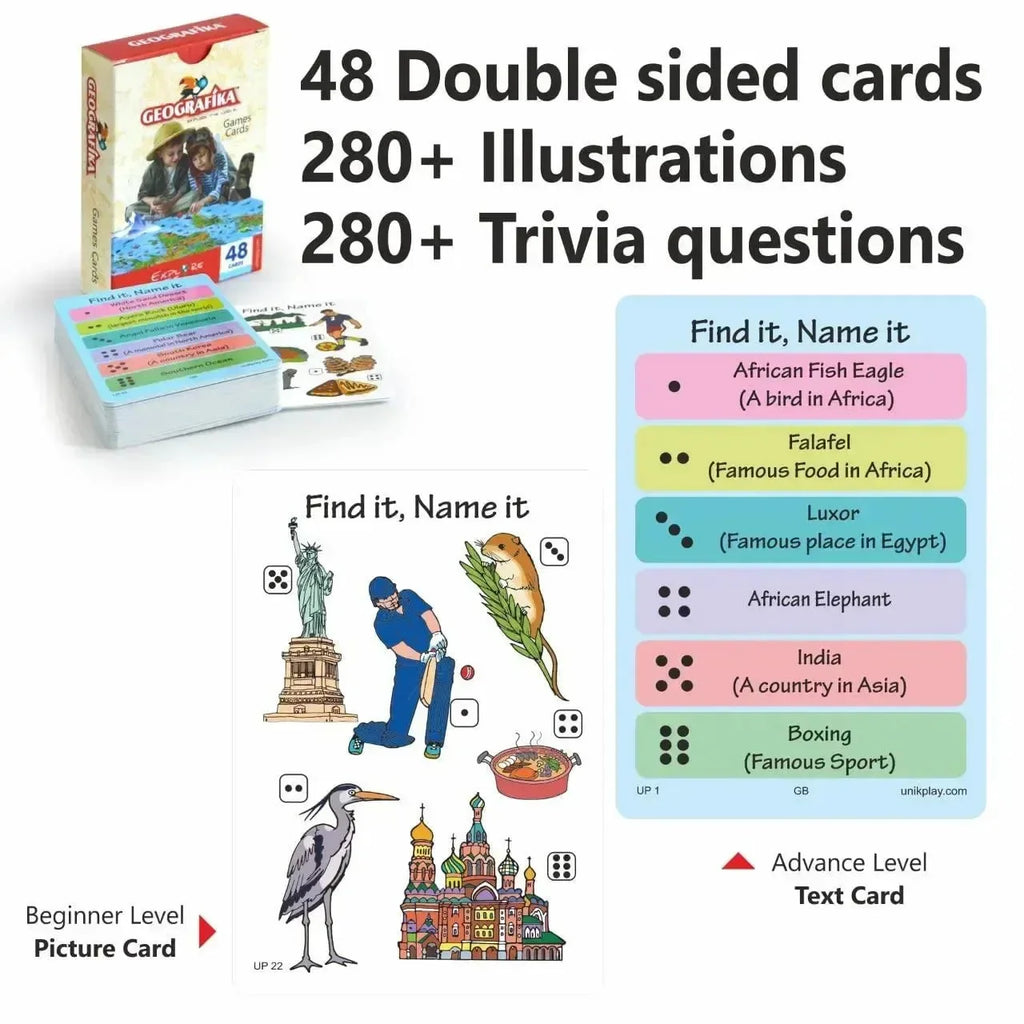 Unik Play Geografika World Map Game for Kids Age 6+ | Illustrated Map, 40 Double-Sided Game Cards | Educational Geography Board Game | Learn Countries, Landmarks & Fun Facts - Naivri