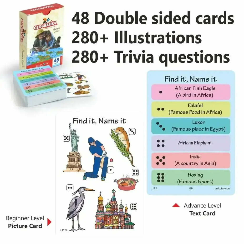 Unik Play Geografika World Map Game for Kids Age 6+ | Illustrated Map, 40 Double-Sided Game Cards | Educational Geography Board Game | Learn Countries, Landmarks & Fun Facts - Naivri