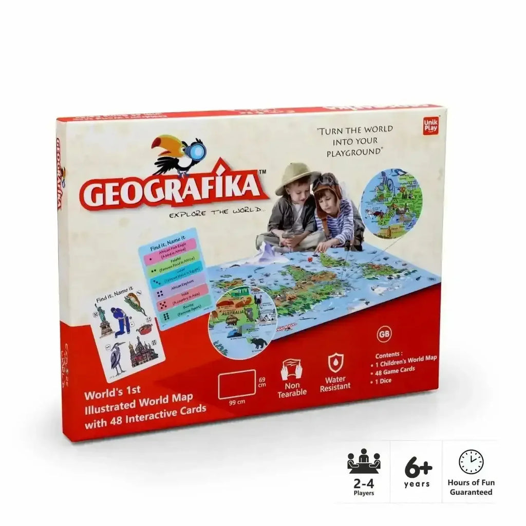 Unik Play Geografika World Map Game for Kids Age 6+ | Illustrated Map, 40 Double-Sided Game Cards | Educational Geography Board Game | Learn Countries, Landmarks & Fun Facts - Naivri