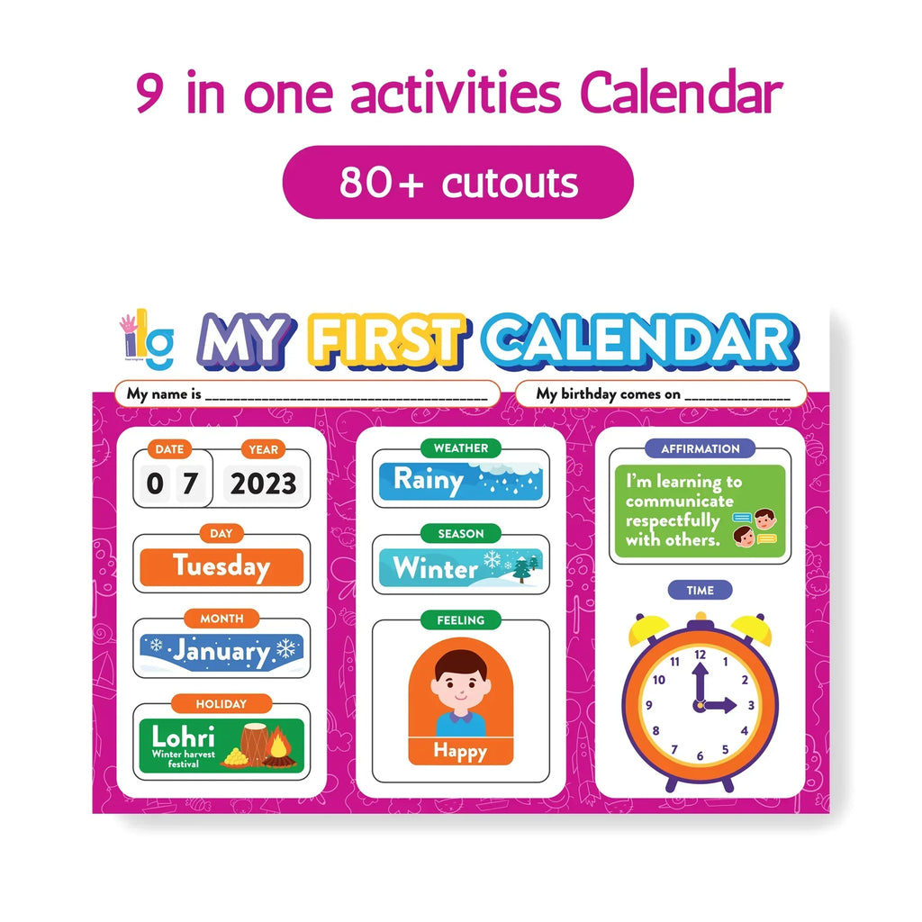 Wall mounting Daily Activity Calender- 9 Concepts- Velcro Based -80 Cutouts - Naivri