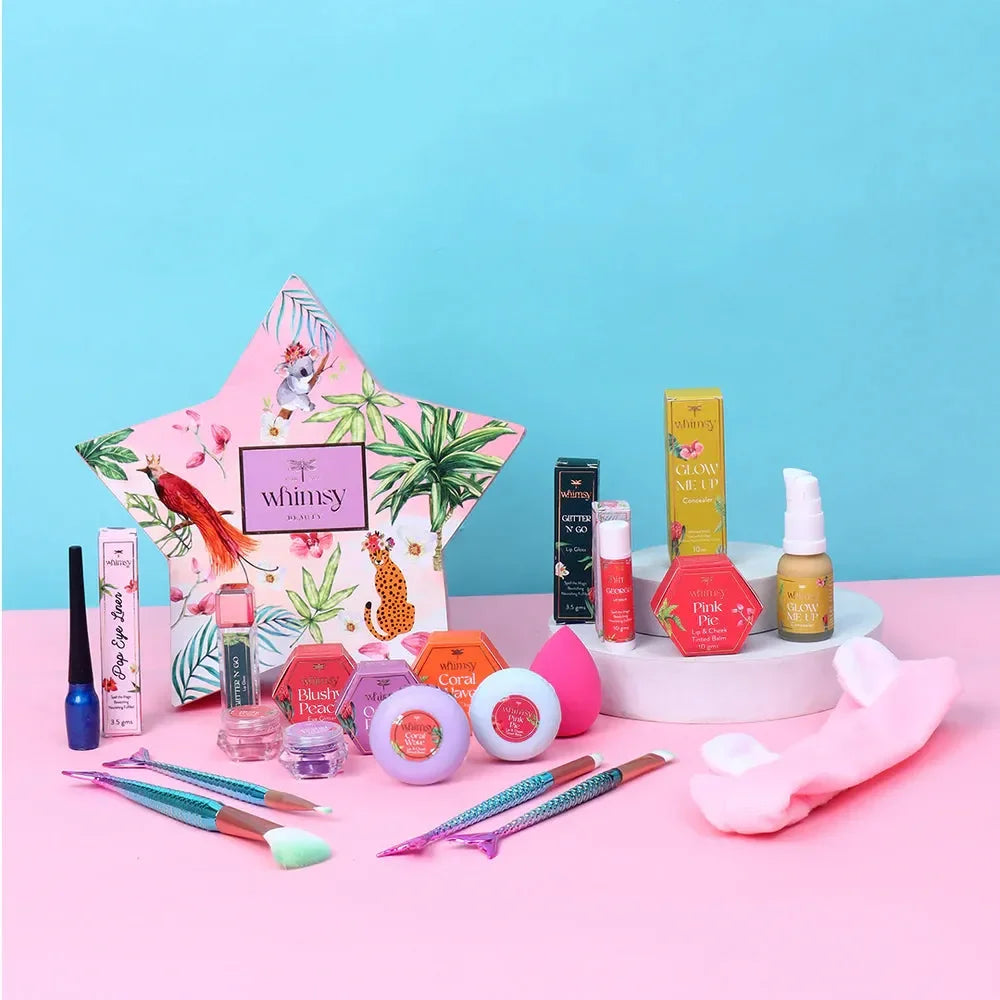 Whimsy Beauty Blossom Beauty Kit - Pack of 14 | Non-Toxic Skincare-Infused Makeup for Kids - Naivri
