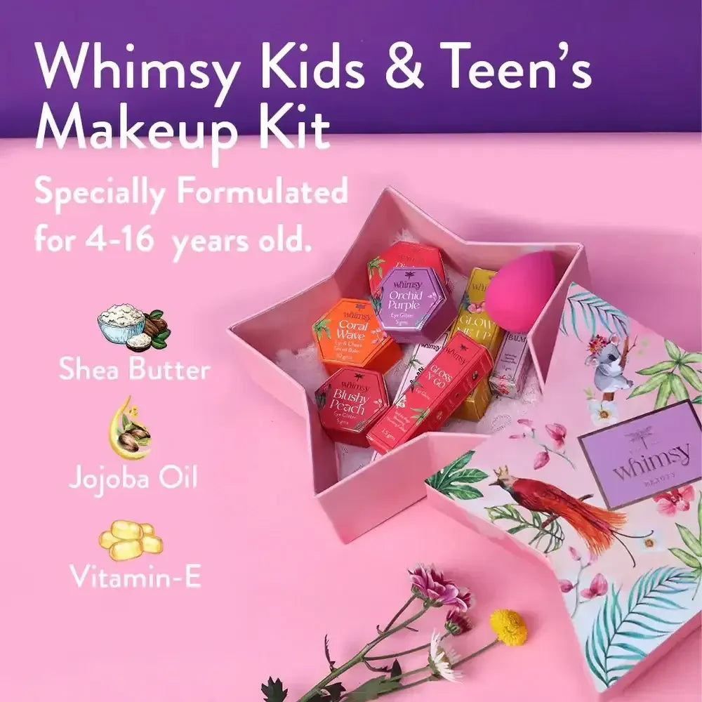 Whimsy Beauty Blossom Beauty Kit - Pack of 14 | Non-Toxic Skincare-Infused Makeup for Kids - Naivri