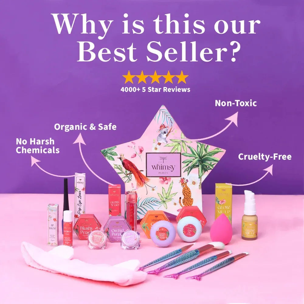 Whimsy Beauty Blossom Beauty Kit - Pack of 14 | Non-Toxic Skincare-Infused Makeup for Kids - Naivri