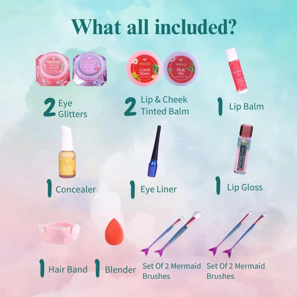 Whimsy Beauty Blossom Beauty Kit - Pack of 14 | Non-Toxic Skincare-Infused Makeup for Kids - Naivri