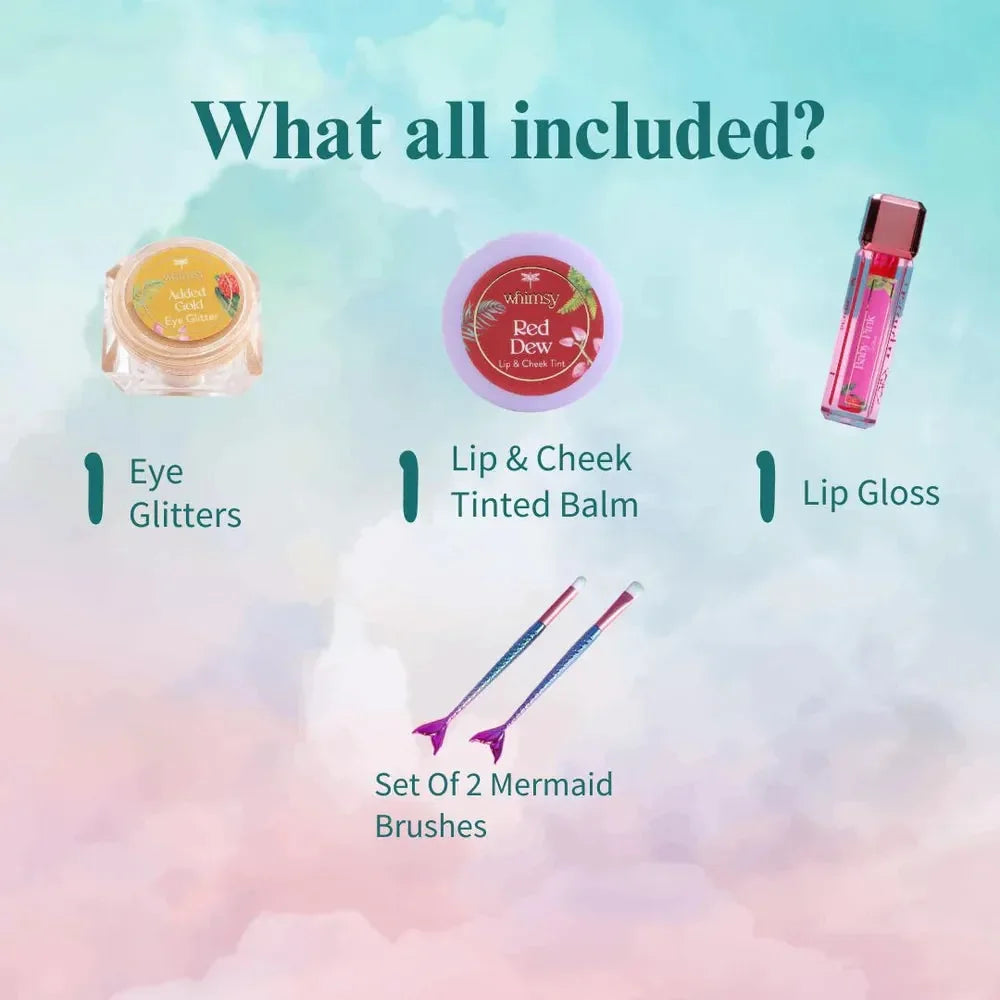 Whimsy Glitters Pouch Beauty Kit - Pack of 5 | Non-Toxic Skincare-Infused Play Makeup for Kids | Age 6 to 16 | Cruelty-Free - Naivri