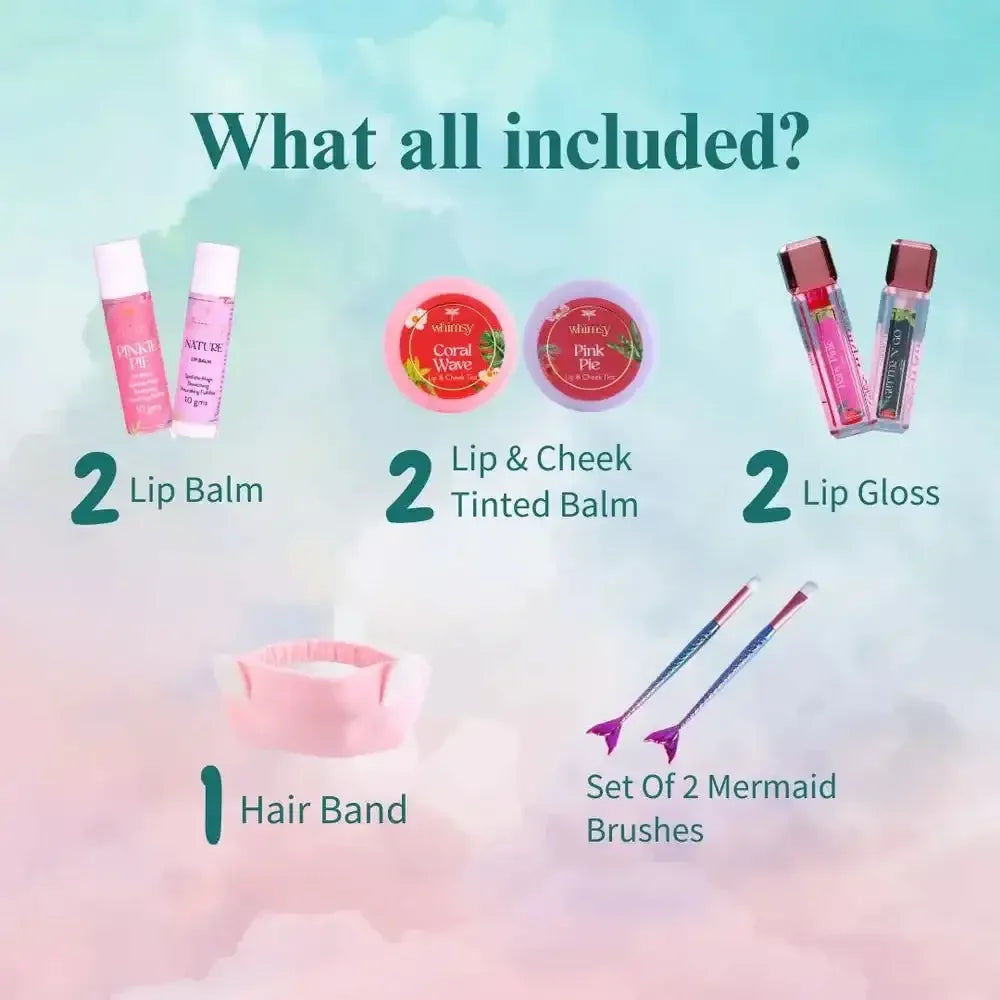 Whimsy Liplicious Beauty Kit - Pack of 7 | Non-Toxic Skincare-Infused Play Makeup for Kids | Cruelty-Free & Safe - Naivri