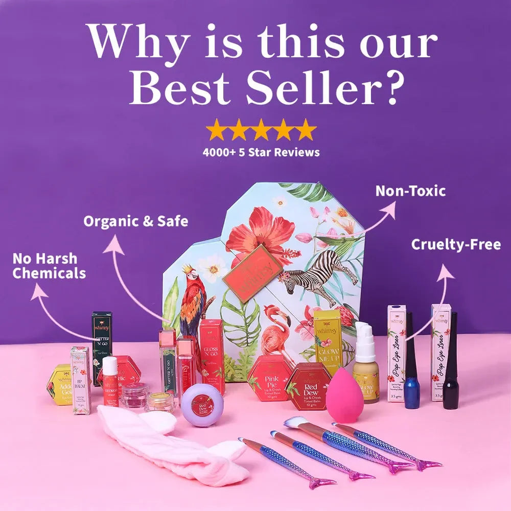 Whimsy Make U Pretty Beauty Kit - Pack of 15 | Non-Toxic Skincare-Infused Play Makeup for Kids | Cruelty-Free & Safe - Naivri