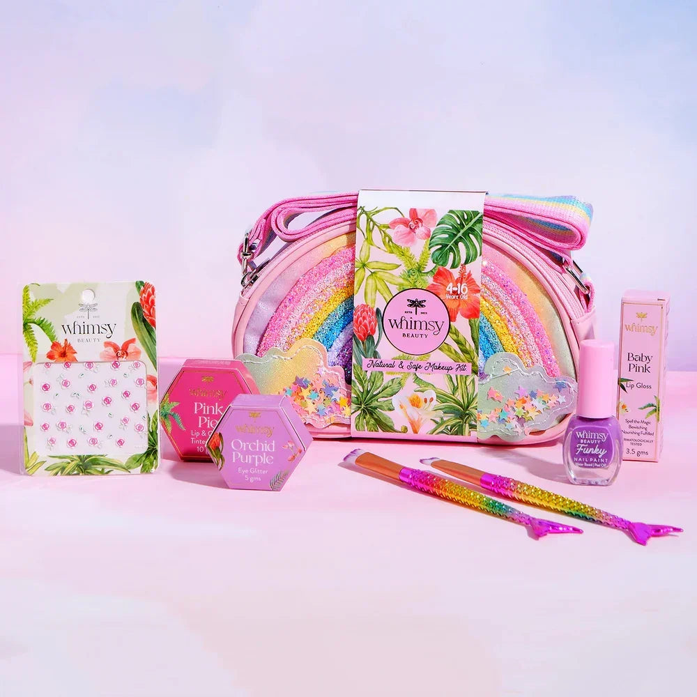 Whimsy Rainbow Sling Bag Gift Set – Pack of 7 | Skincare-Infused Non-Toxic Makeup for Kids (Ages 6–16) - Naivri