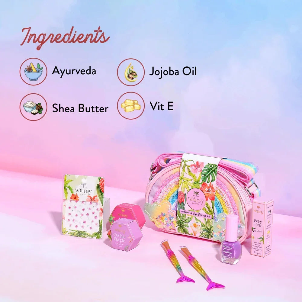 Whimsy Rainbow Sling Bag Gift Set – Pack of 7 | Skincare-Infused Non-Toxic Makeup for Kids (Ages 6–16) - Naivri