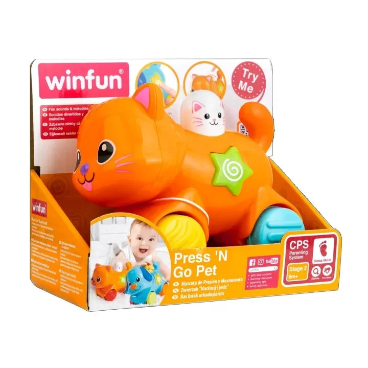 Winfun Press 'N Go Pet - Kitten – Interactive Light & Sound Rolling Toy for Toddlers - Naivri