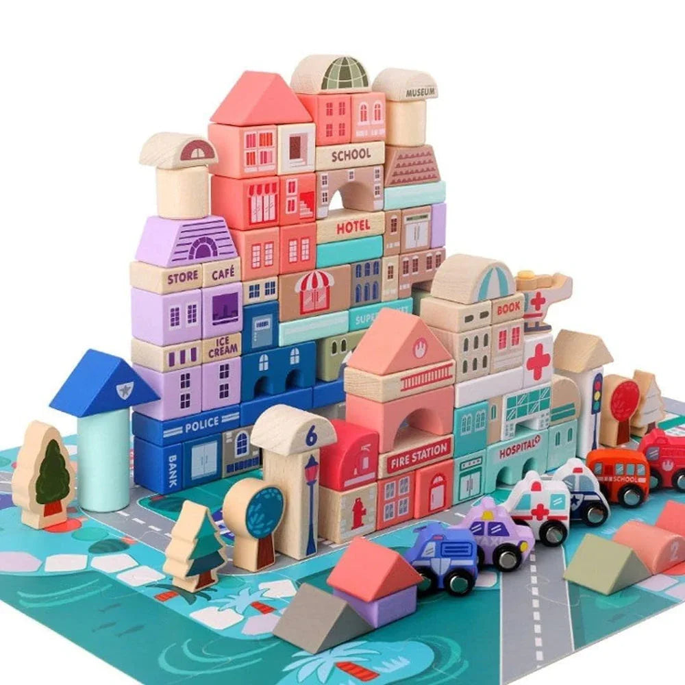 WUDLY 115 Pieces Wooden City Building Blocks - Naivri