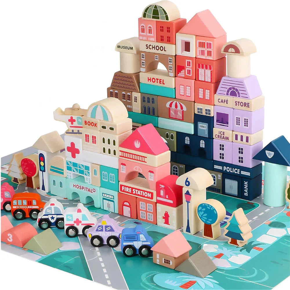 WUDLY 115 Pieces Wooden City Building Blocks - Naivri