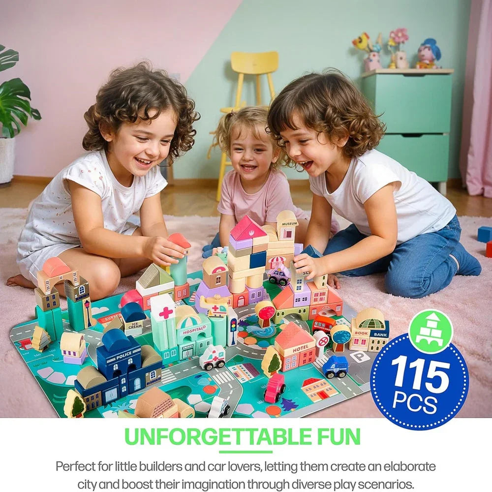 WUDLY 115 Pieces Wooden City Building Blocks - Naivri