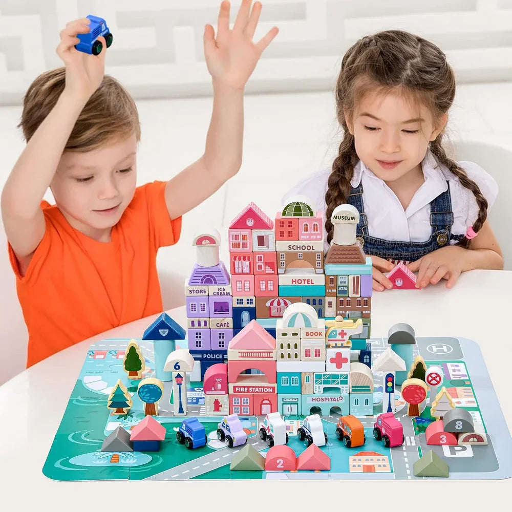WUDLY 115 Pieces Wooden City Building Blocks - Naivri