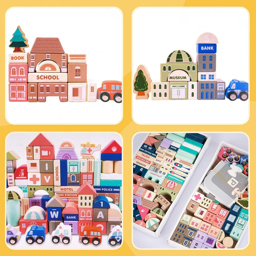 WUDLY 115 Pieces Wooden City Building Blocks - Naivri