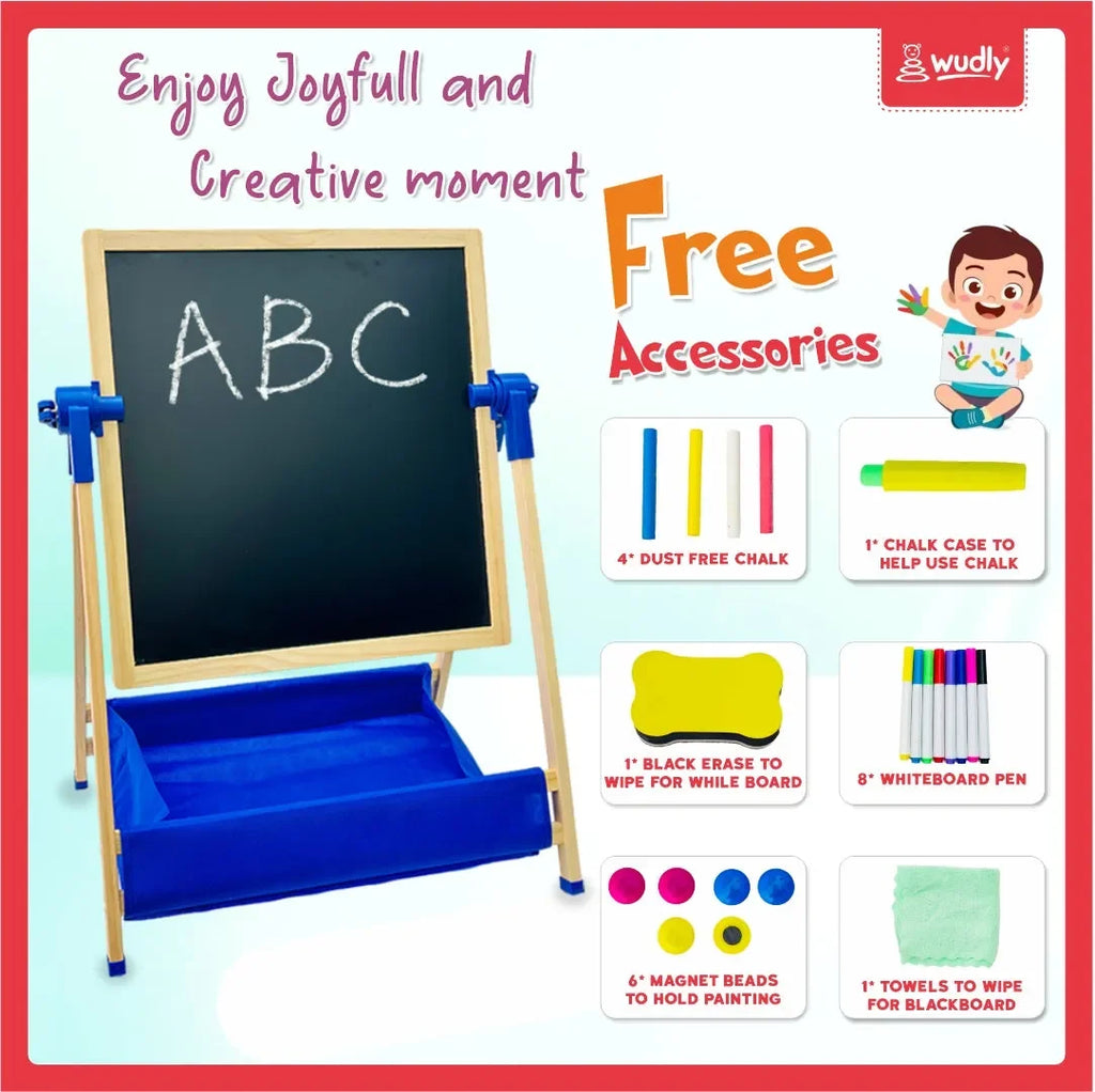 Wudly 3-in-1 Creative Easel Board with Chalkboard, Whiteboard, Storage Tray, Educational Kids Art Station - Naivri