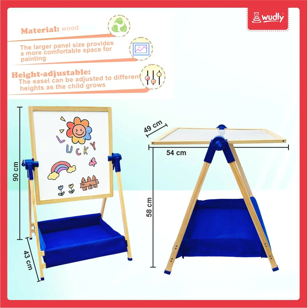 Wudly 3-in-1 Creative Easel Board with Chalkboard, Whiteboard, Storage Tray, Educational Kids Art Station - Naivri