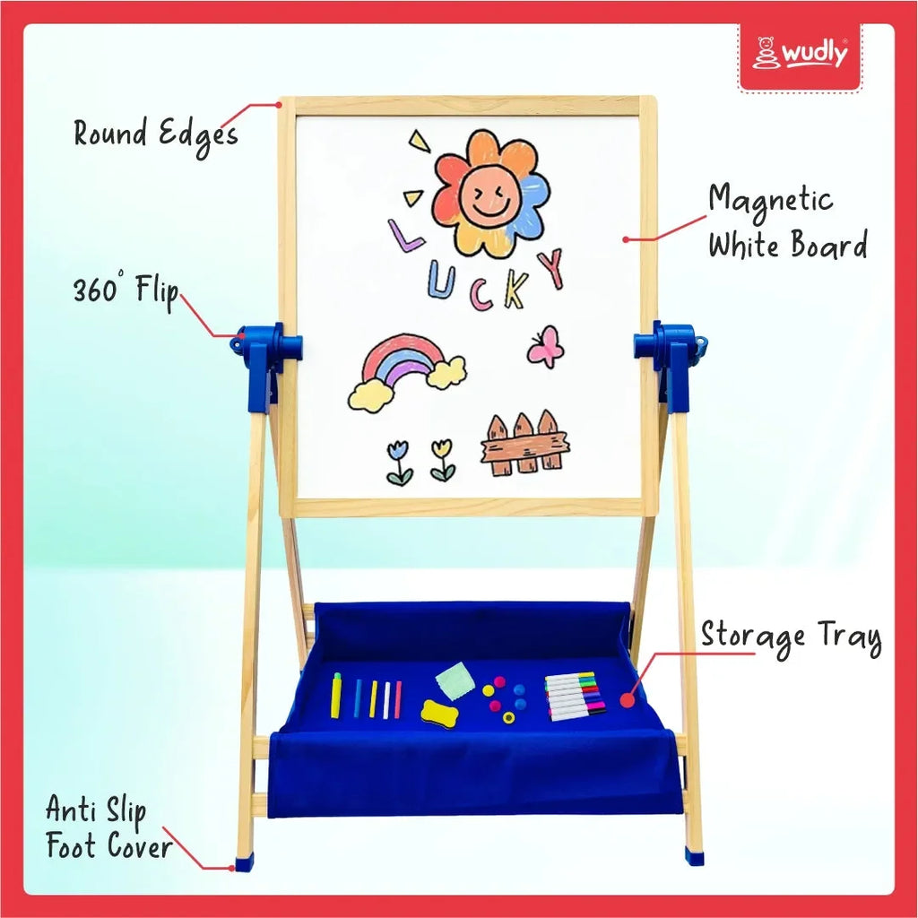 Wudly 3-in-1 Creative Easel Board with Chalkboard, Whiteboard, Storage Tray, Educational Kids Art Station - Naivri