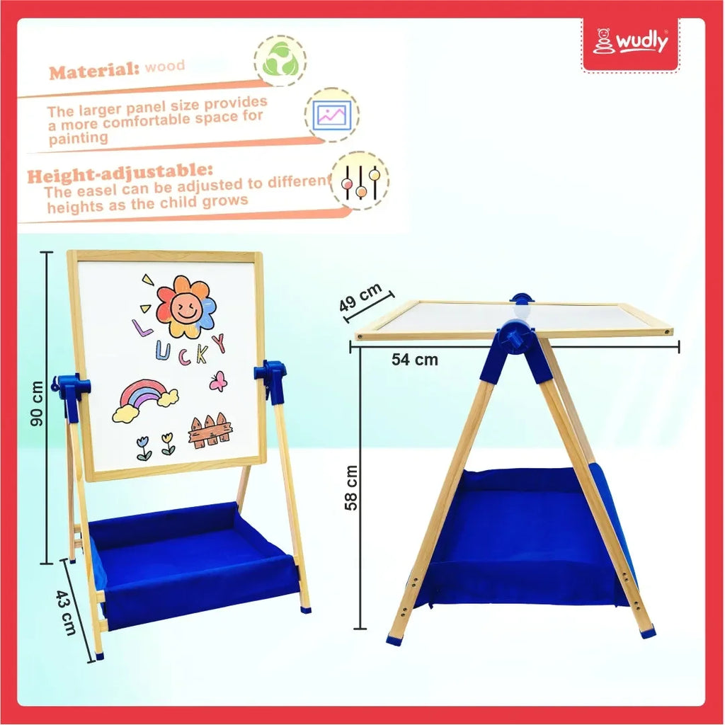 Wudly 3-in-1 Creative Easel Board with Chalkboard, Whiteboard, Storage Tray, Educational Kids Art Station - Naivri
