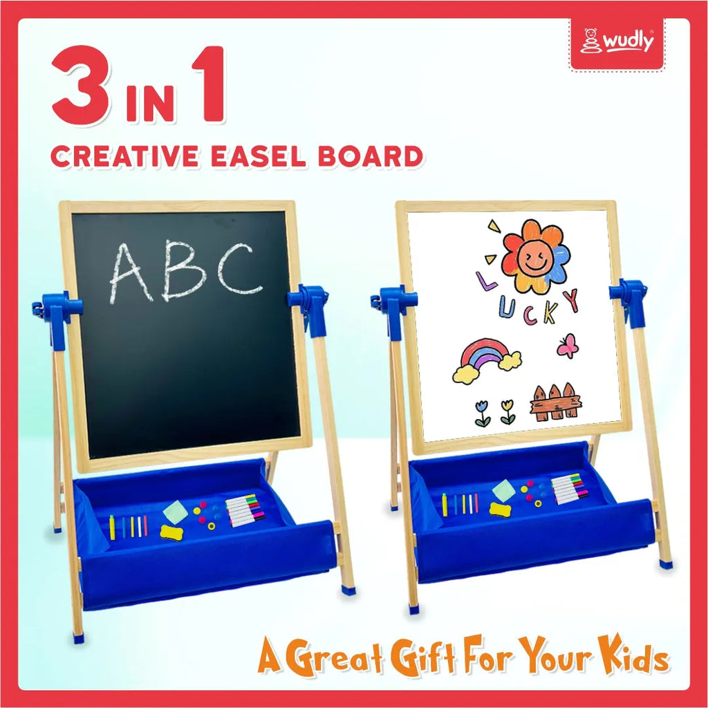 Wudly 3-in-1 Creative Easel Board with Chalkboard, Whiteboard, Storage Tray, Educational Kids Art Station - Naivri