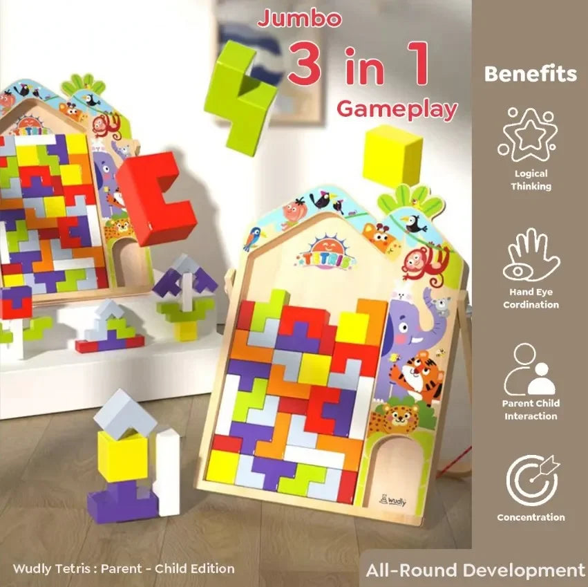 Wudly - 3 in 1 Tetris - Parent Child Edition Multifunctional Building Blocks, Tabletop Activities 3D Piecing Bricks Brain Teaser Smart Inspiration Game, Early Educational Toy for Kids 3+ Years, Set of 42 Blocks, Child Safe Certified, Multi colors - Naivri