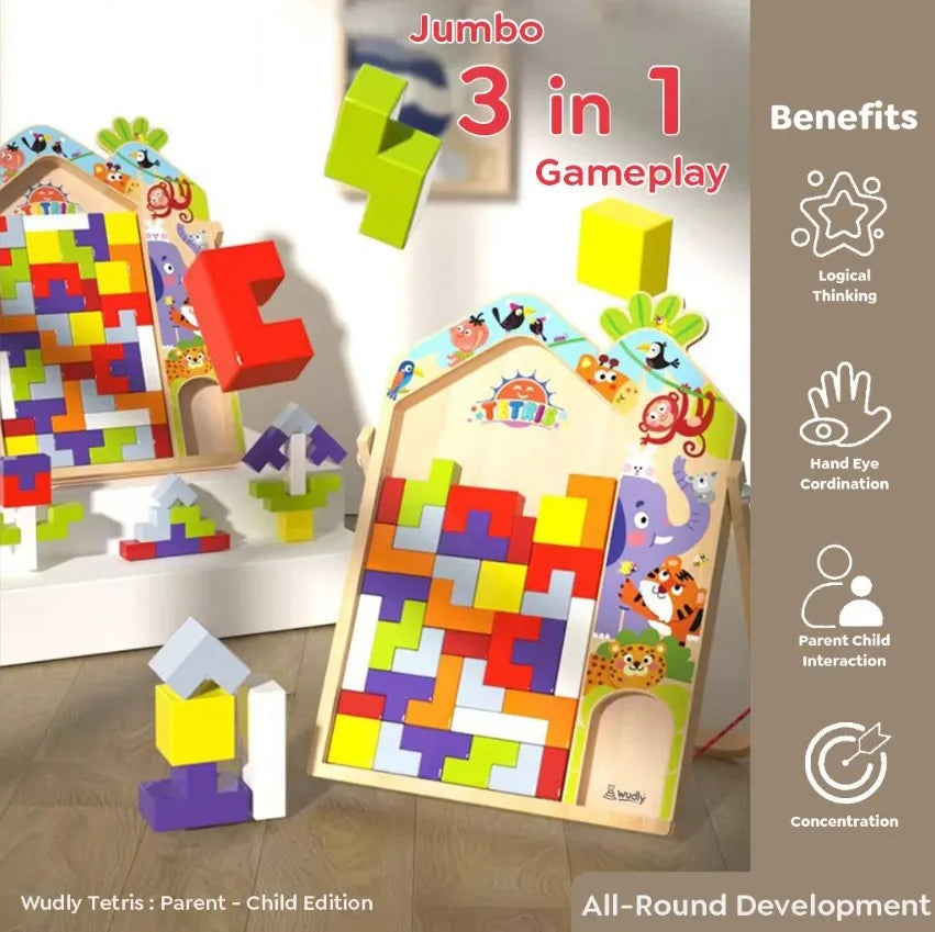 Wudly - 3 in 1 Tetris - Parent Child Edition Multifunctional Building Blocks, Tabletop Activities 3D Piecing Bricks Brain Teaser Smart Inspiration Game, Early Educational Toy for Kids 3+ Years, Set of 42 Blocks, Child Safe Certified, Multi colors - Naivri