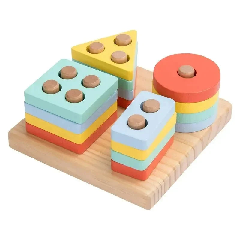 Wudly - 4 in 1 Shape Sorter Puzzle Block Wooden Educational Shape Sorting Puzzle Toy, Learning Shapes, Geometric Funny Square Interactive Early Educational Toys for 3+ Years Kids, Bright Colors Wooden Block, Child Safe Certified - Naivri