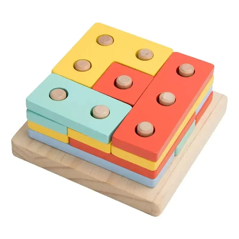 Wudly - 4 in 1 Shape Sorter Puzzle Block Wooden Educational Shape Sorting Puzzle Toy, Learning Shapes, Geometric Funny Square Interactive Early Educational Toys for 3+ Years Kids, Bright Colors Wooden Block, Child Safe Certified - Naivri
