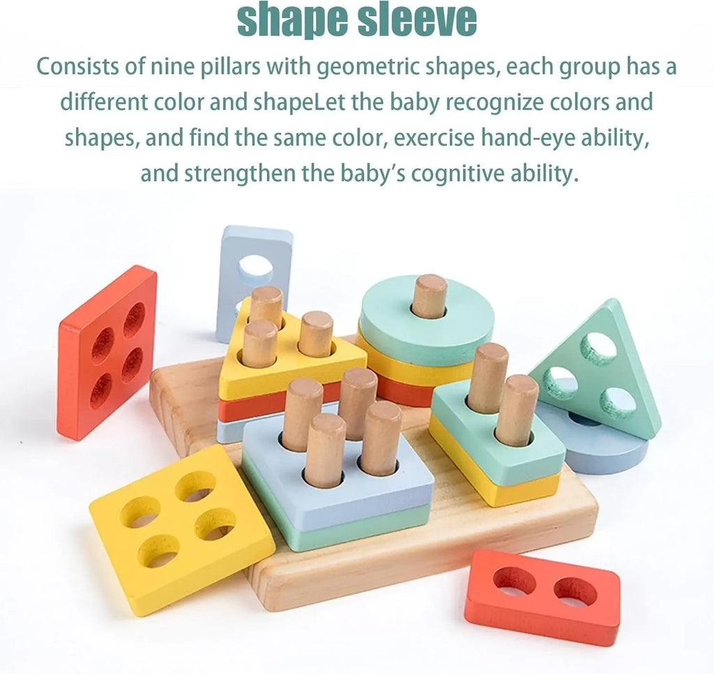 Wudly - 4 in 1 Shape Sorter Puzzle Block Wooden Educational Shape Sorting Puzzle Toy, Learning Shapes, Geometric Funny Square Interactive Early Educational Toys for 3+ Years Kids, Bright Colors Wooden Block, Child Safe Certified - Naivri