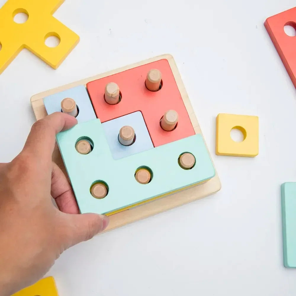 Wudly - 4 in 1 Shape Sorter Puzzle Block Wooden Educational Shape Sorting Puzzle Toy, Learning Shapes, Geometric Funny Square Interactive Early Educational Toys for 3+ Years Kids, Bright Colors Wooden Block, Child Safe Certified - Naivri