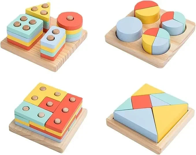 Wudly - 4 in 1 Shape Sorter Puzzle Block Wooden Educational Shape Sorting Puzzle Toy, Learning Shapes, Geometric Funny Square Interactive Early Educational Toys for 3+ Years Kids, Bright Colors Wooden Block, Child Safe Certified - Naivri