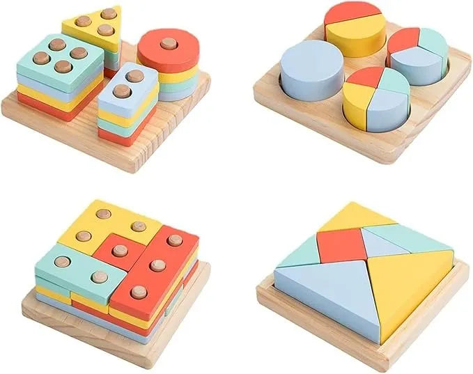 Wudly - 4 in 1 Shape Sorter Puzzle Block Wooden Educational Shape Sorting Puzzle Toy, Learning Shapes, Geometric Funny Square Interactive Early Educational Toys for 3+ Years Kids, Bright Colors Wooden Block, Child Safe Certified - Naivri