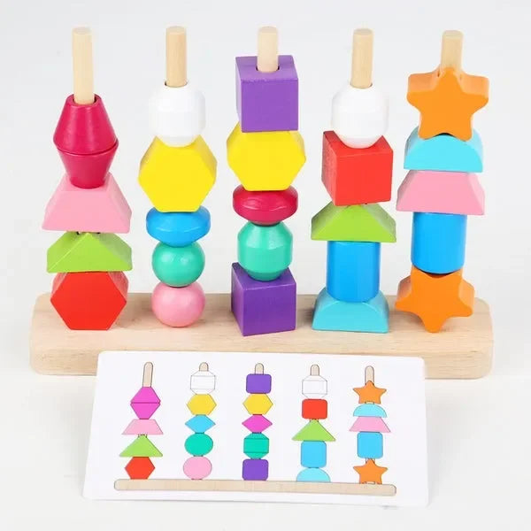 Wudly - 5 Pilar Sorter with Lacing Beads Toy Set, Colorful Wooden Montessori Bead Toy Sorting and Stacking Blocks Educational Threading Toys for 3+ Years Kids, Child Safe Certified, 25 Beads, 2 lace, 8 cards with 16 different pattern - Naivri