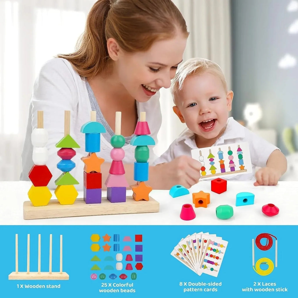 Wudly - 5 Pilar Sorter with Lacing Beads Toy Set, Colorful Wooden Montessori Bead Toy Sorting and Stacking Blocks Educational Threading Toys for 3+ Years Kids, Child Safe Certified, 25 Beads, 2 lace, 8 cards with 16 different pattern - Naivri