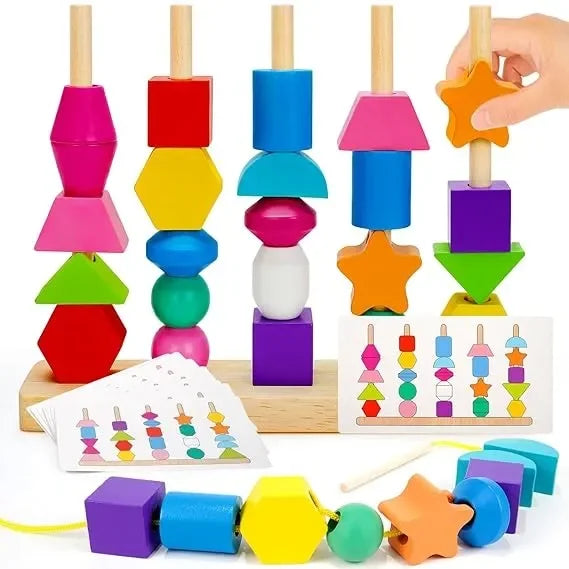 Wudly - 5 Pilar Sorter with Lacing Beads Toy Set, Colorful Wooden Montessori Bead Toy Sorting and Stacking Blocks Educational Threading Toys for 3+ Years Kids, Child Safe Certified, 25 Beads, 2 lace, 8 cards with 16 different pattern - Naivri