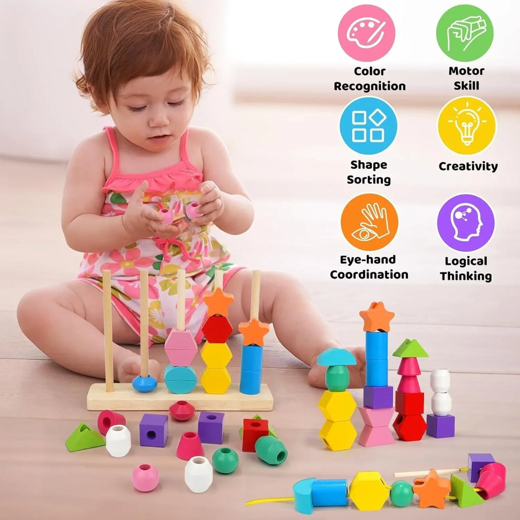 Wudly - 5 Pilar Sorter with Lacing Beads Toy Set, Colorful Wooden Montessori Bead Toy Sorting and Stacking Blocks Educational Threading Toys for 3+ Years Kids, Child Safe Certified, 25 Beads, 2 lace, 8 cards with 16 different pattern - Naivri