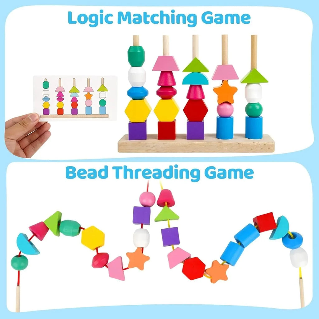 Wudly - 5 Pilar Sorter with Lacing Beads Toy Set, Colorful Wooden Montessori Bead Toy Sorting and Stacking Blocks Educational Threading Toys for 3+ Years Kids, Child Safe Certified, 25 Beads, 2 lace, 8 cards with 16 different pattern - Naivri