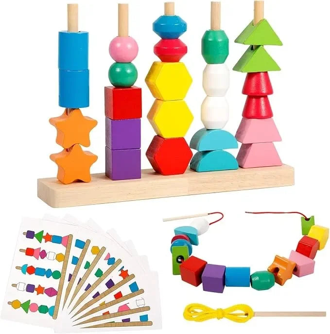 Wudly - 5 Pilar Sorter with Lacing Beads Toy Set, Colorful Wooden Montessori Bead Toy Sorting and Stacking Blocks Educational Threading Toys for 3+ Years Kids, Child Safe Certified, 25 Beads, 2 lace, 8 cards with 16 different pattern - Naivri