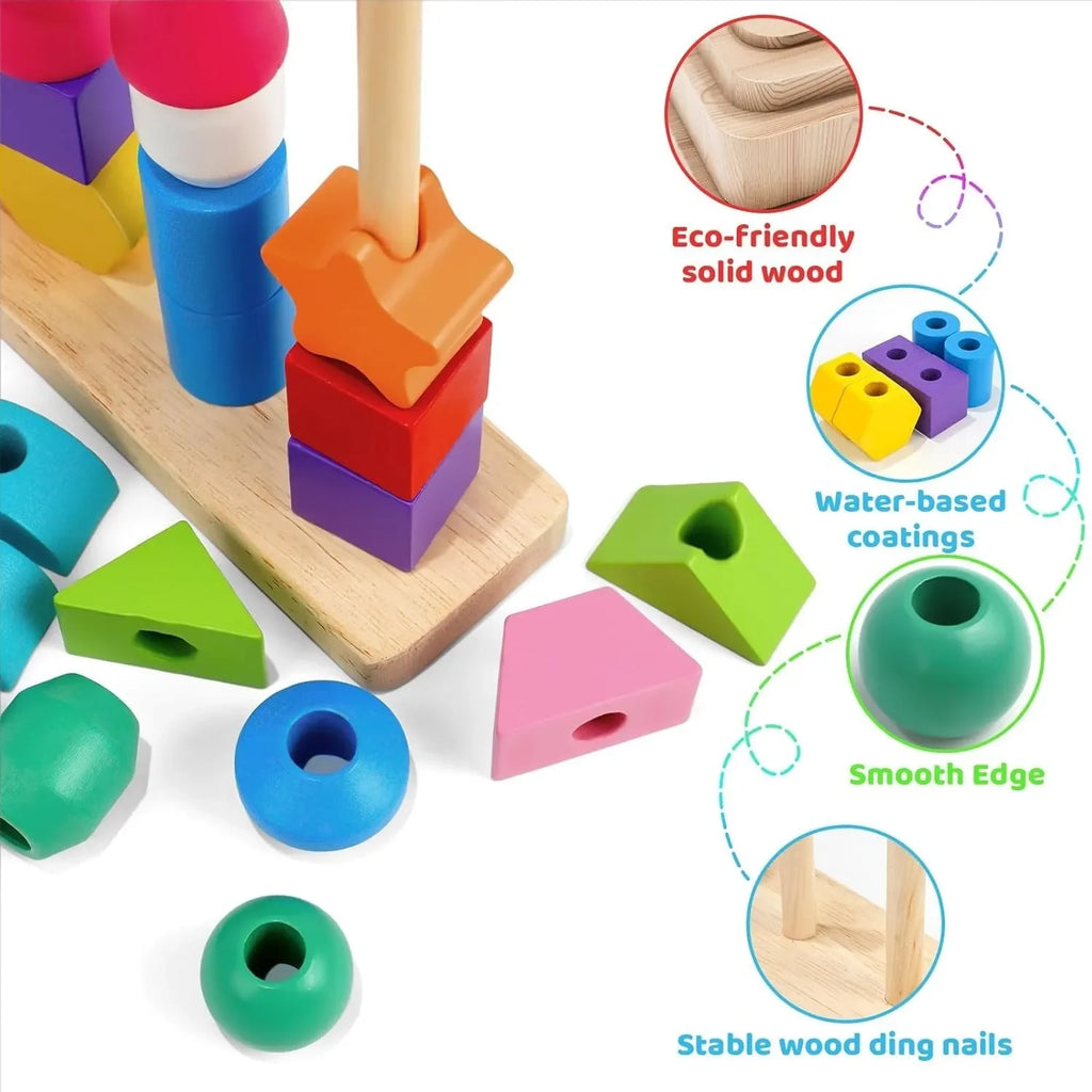 Wudly - 5 Pilar Sorter with Lacing Beads Toy Set, Colorful Wooden Montessori Bead Toy Sorting and Stacking Blocks Educational Threading Toys for 3+ Years Kids, Child Safe Certified, 25 Beads, 2 lace, 8 cards with 16 different pattern - Naivri