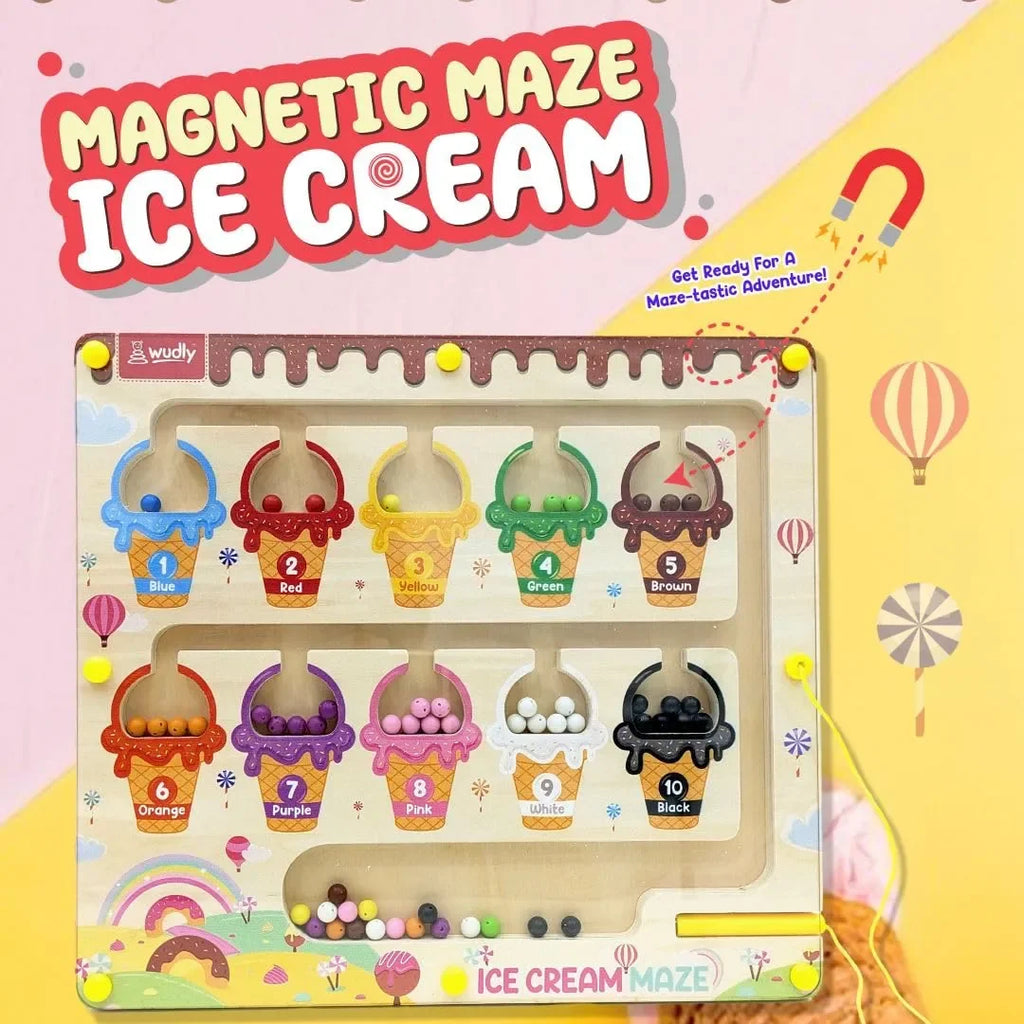 Wudly Ice Cream Maze,Magnetic Color and Number Maze - Educational Fine Motor Skills Toys for Boys Girls 3 4 5 Years Old, Wooden Color Matching Learning Counting Toddler Puzzle Board - Naivri
