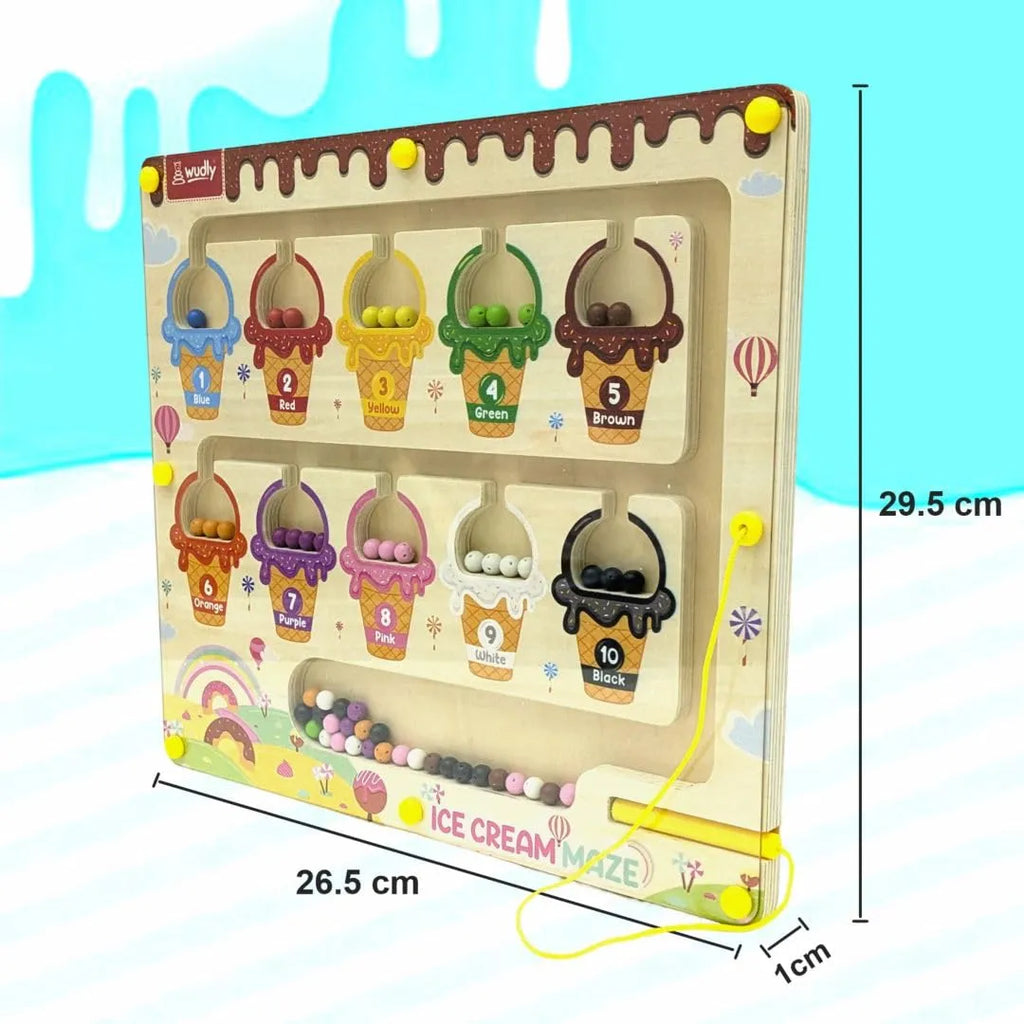 Wudly Ice Cream Maze,Magnetic Color and Number Maze - Educational Fine Motor Skills Toys for Boys Girls 3 4 5 Years Old, Wooden Color Matching Learning Counting Toddler Puzzle Board - Naivri