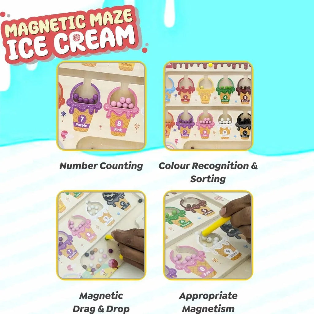 Wudly Ice Cream Maze,Magnetic Color and Number Maze - Educational Fine Motor Skills Toys for Boys Girls 3 4 5 Years Old, Wooden Color Matching Learning Counting Toddler Puzzle Board - Naivri