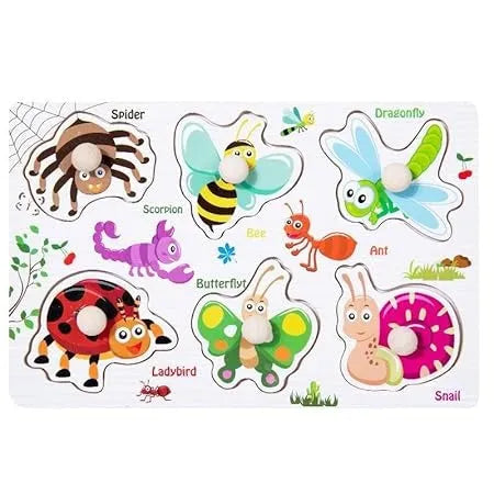 Wudly Insect Early Learning Wooden Knob Puzzle for Toddlers - Educational Montessori Toy for 1+ Year Olds, Shape Recognition, Fine Motor Skill Development, Child-Safe and Durable - Naivri
